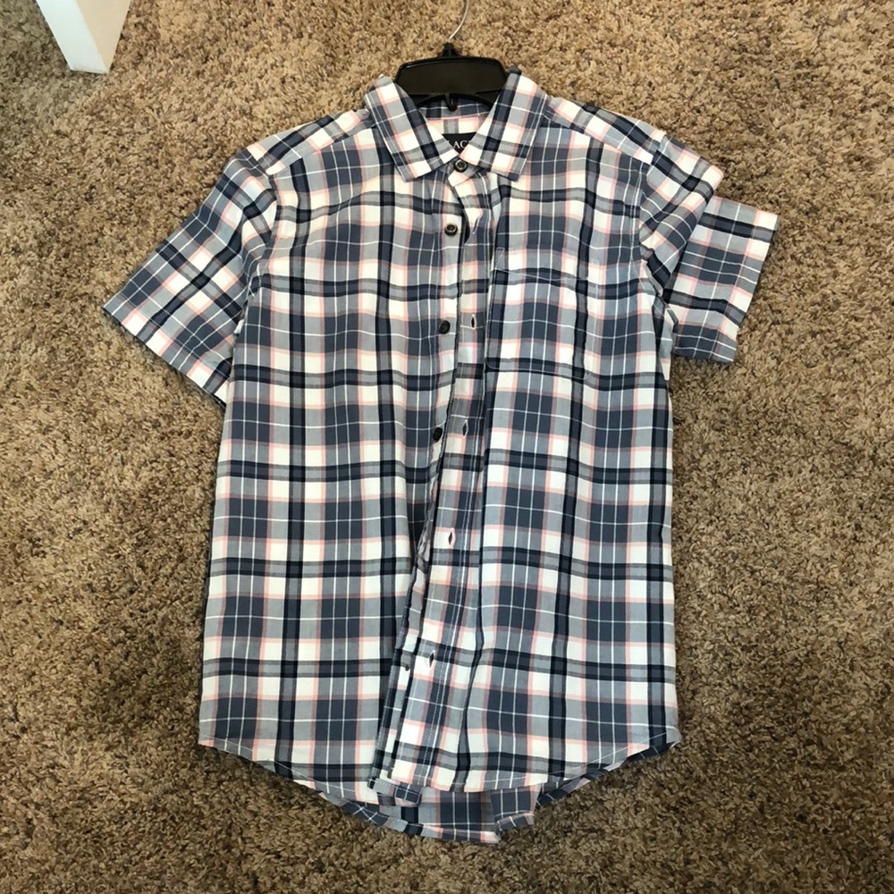 Blue, white, and red dress shirt, size L